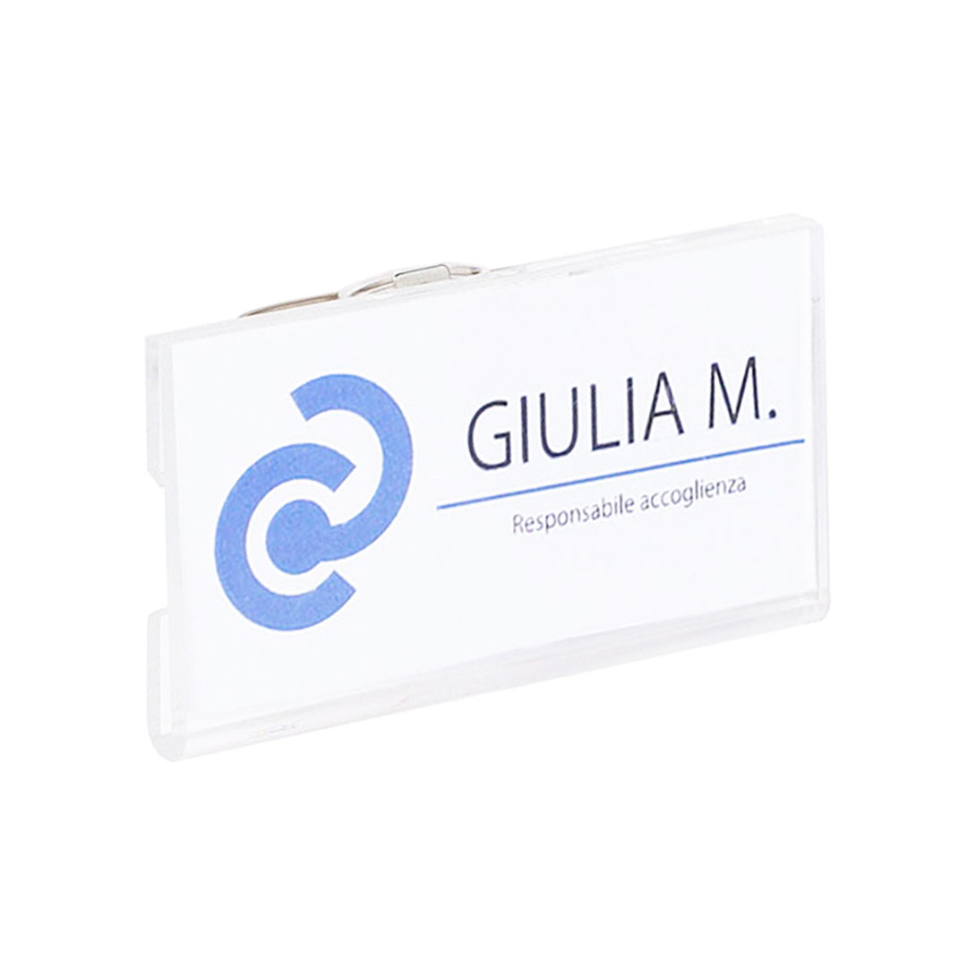 Porta badge piatto in plexiglass, aggancio a molla 65x35 mm